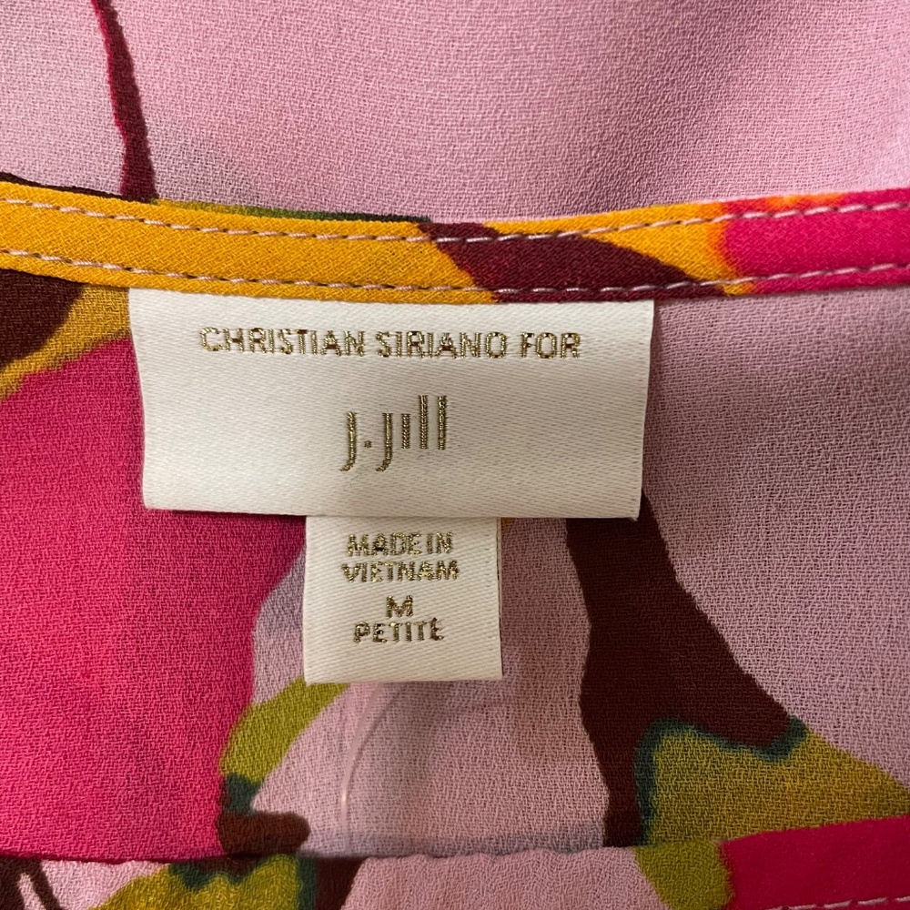 J Jill Christian Siriano Pink Floral Blouse Medium Petite Long Sleeves Abstract - Picture 11 of 11
